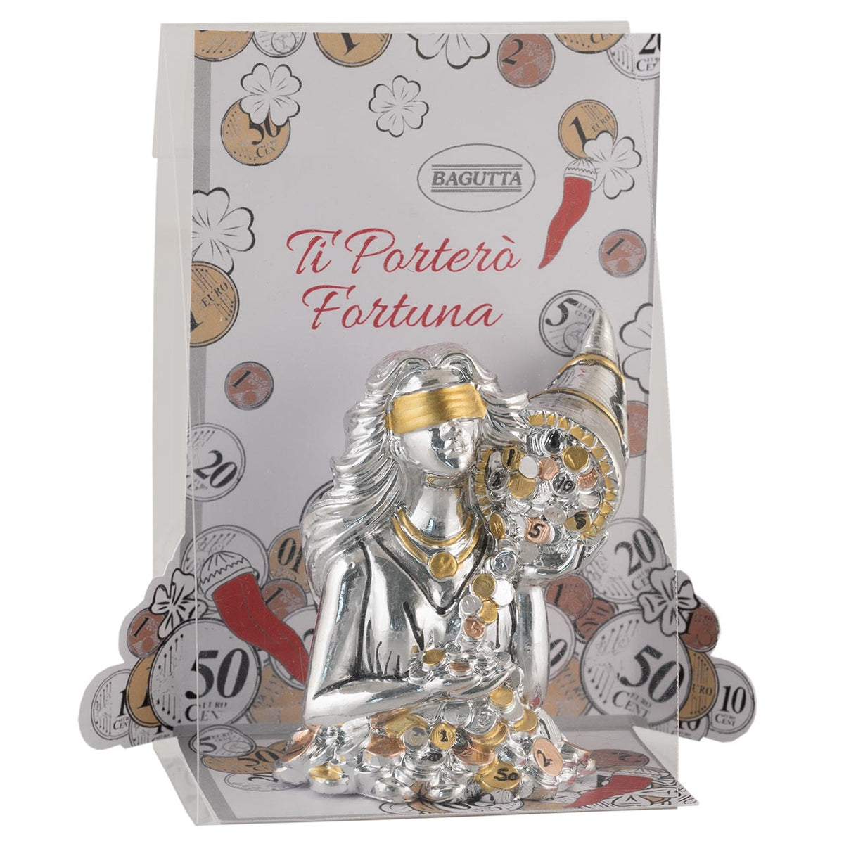 Bagutta Talismano Portafortuna Dea Bendata Mezzobusto con Cascata di Monete 8 cm