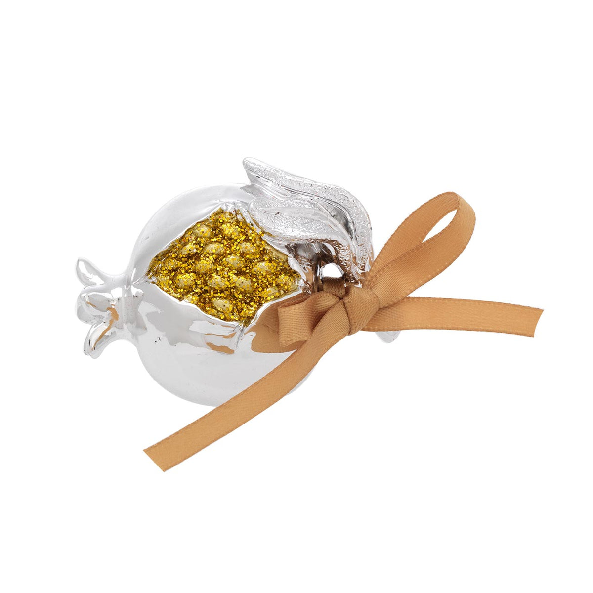 Bagutta Melograno Portafortuna Argentato con Perle Dorate e Fiocco 6x6 cm