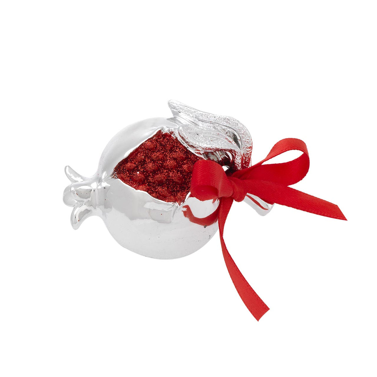 Bagutta Melograno Portafortuna Argentato con Perle Rosse e Fiocco 6x6 cm