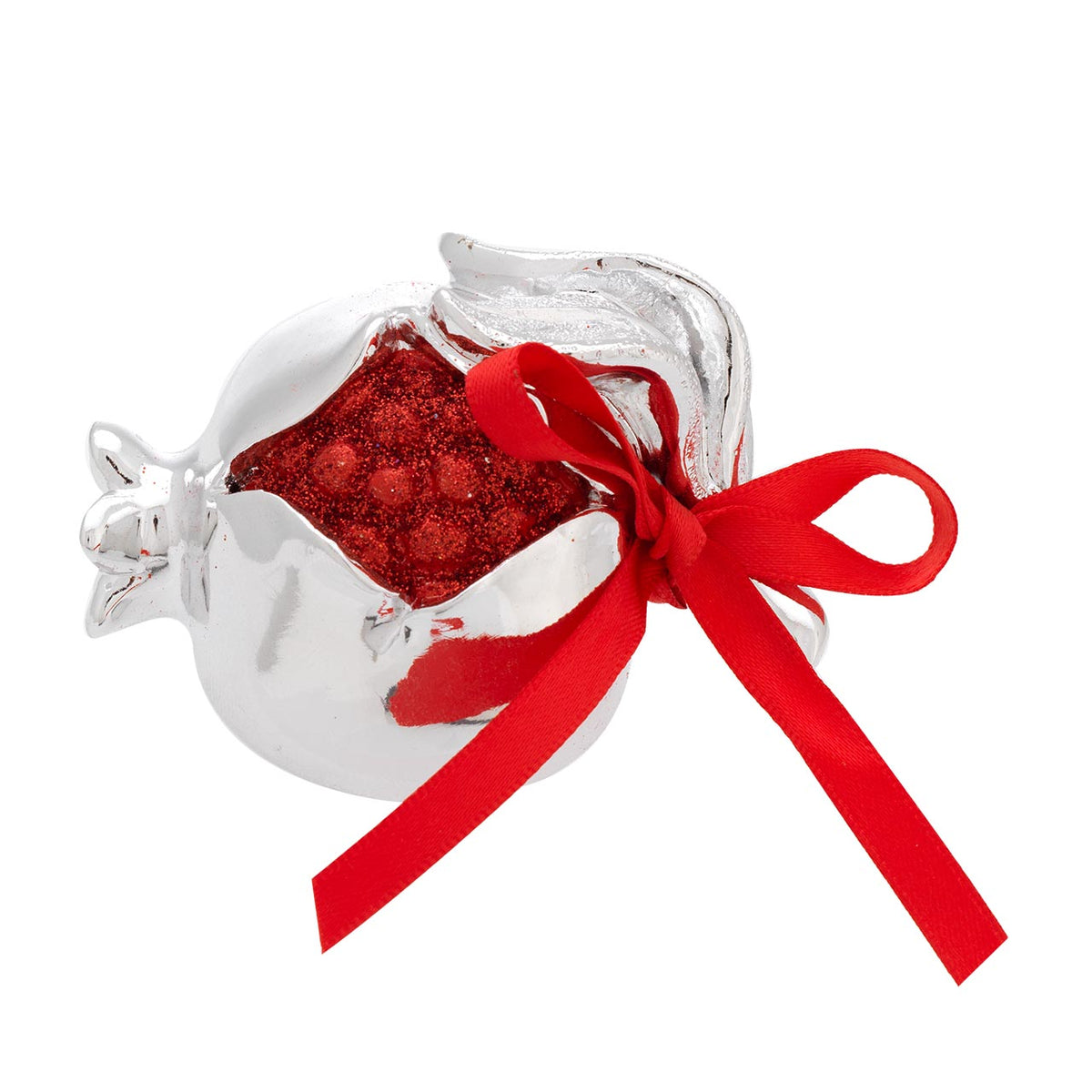 Bagutta Melograno Portafortuna Argentato con Perle Rosse e Fiocco 7,5x7,5 cm