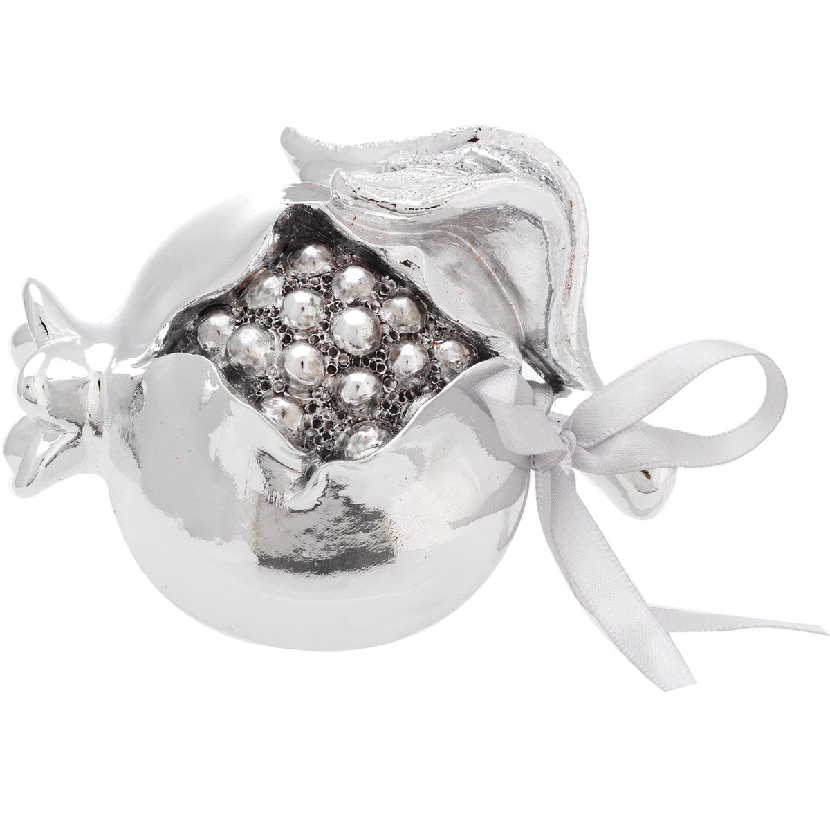 Bagutta Melograno Portafortuna Argentato con Perle Argentate e Fiocco 9x9 cm