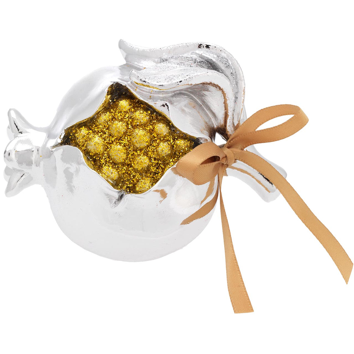 Bagutta Melograno Portafortuna Argentato con Perle Dorate e Fiocco 9x9 cm