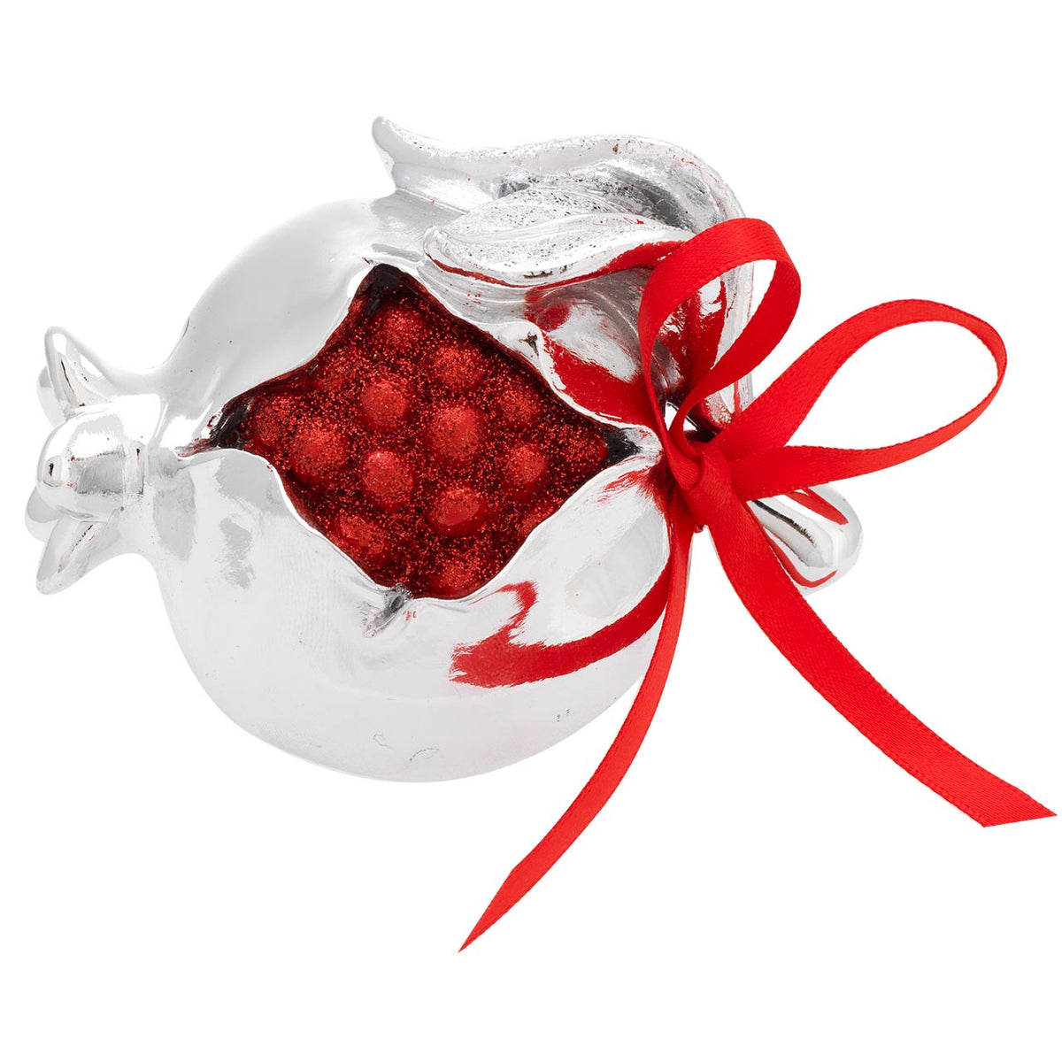 Bagutta Melograno Portafortuna Argentato con Perle Rosse e Fiocco 9x9 cm