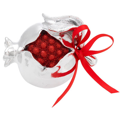 Bagutta Melograno Portafortuna Argentato con Perle Rosse e Fiocco 9x9 cm