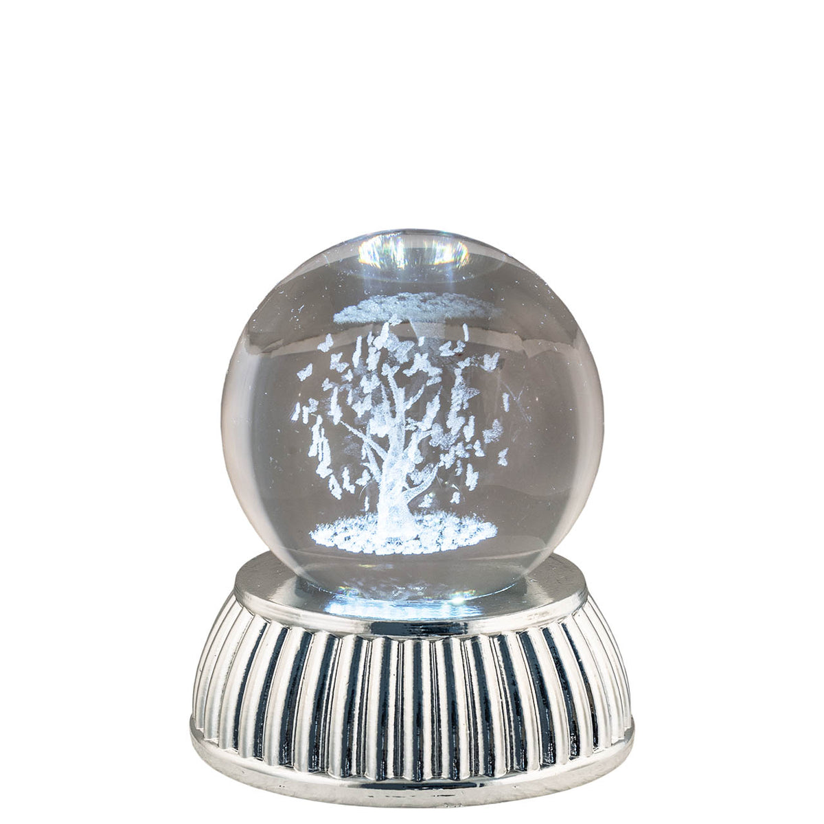 Bagutta Sfera di Cristallo LED Albero con Farfalle Diametro 6 cm Base Argentata