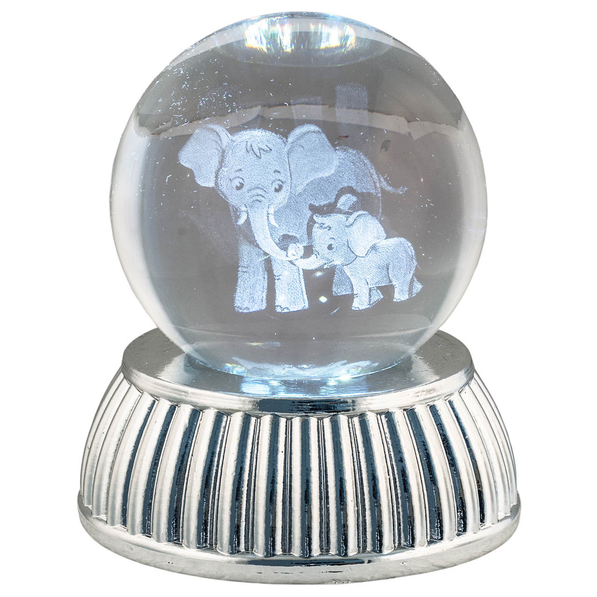 Bagutta Sfera di Cristallo LED Elefantini Diametro 8 cm Base Argentata