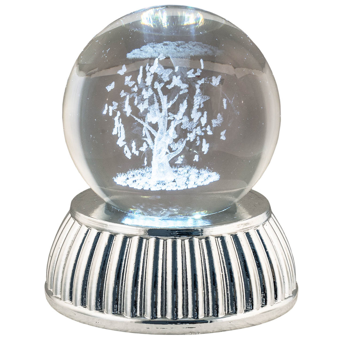 Bagutta Sfera di Cristallo LED Albero con Farfalle Diametro 8 cm Base Argentata