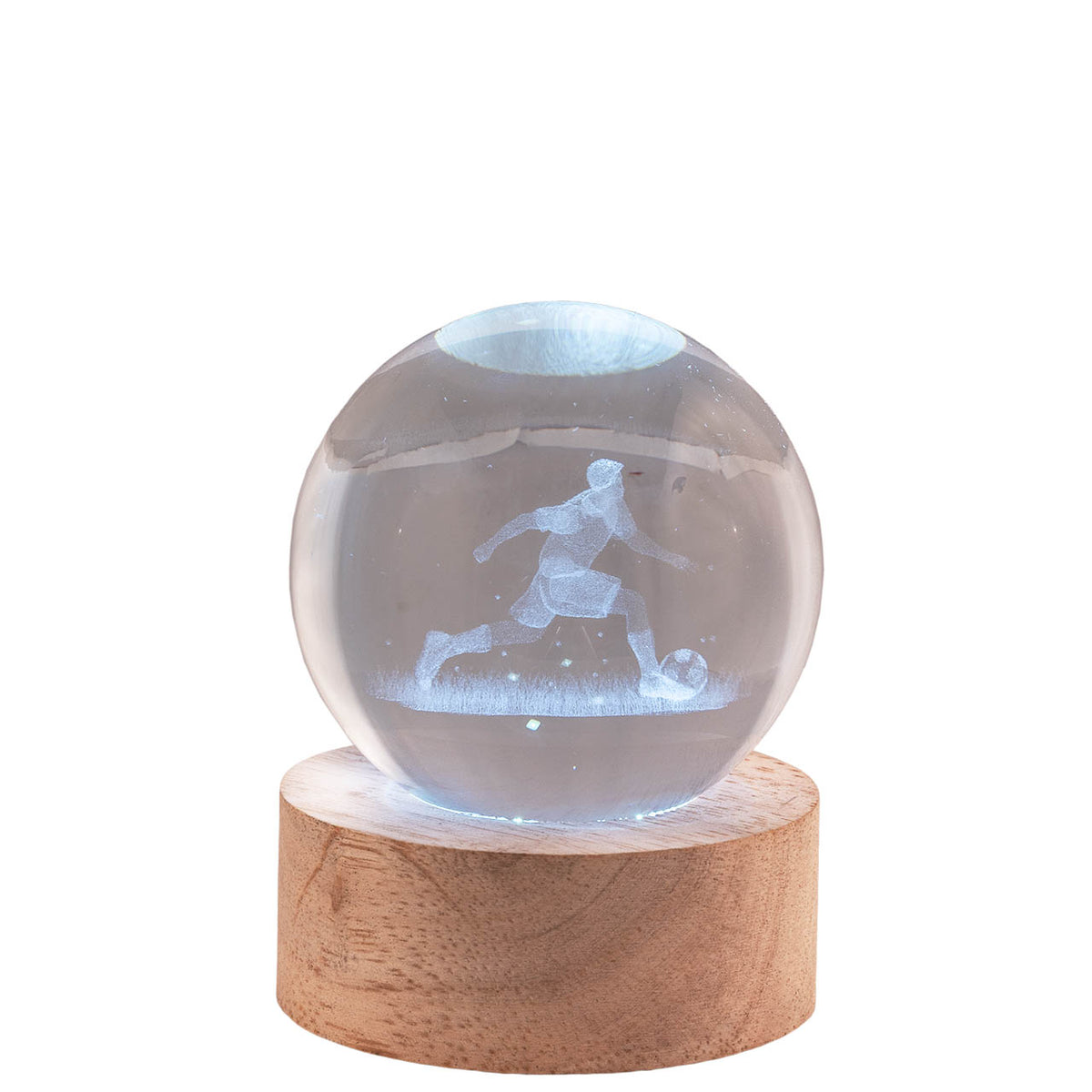Bagutta Sfera di Cristallo LED Calciatore Diametro 6 cm Base in Legno
