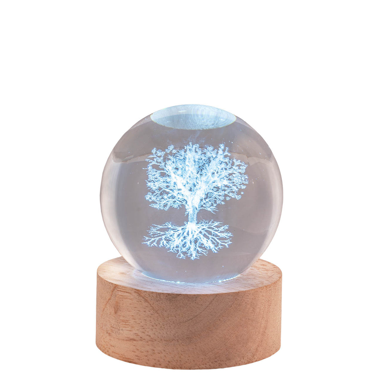 Bagutta Sfera di Cristallo LED Albero della Vita Diametro 6 cm Base in Legno
