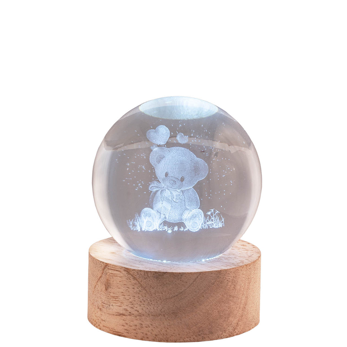 Bagutta Sfera di Cristallo LED Orsetto Diametro 6 cm Base in Legno