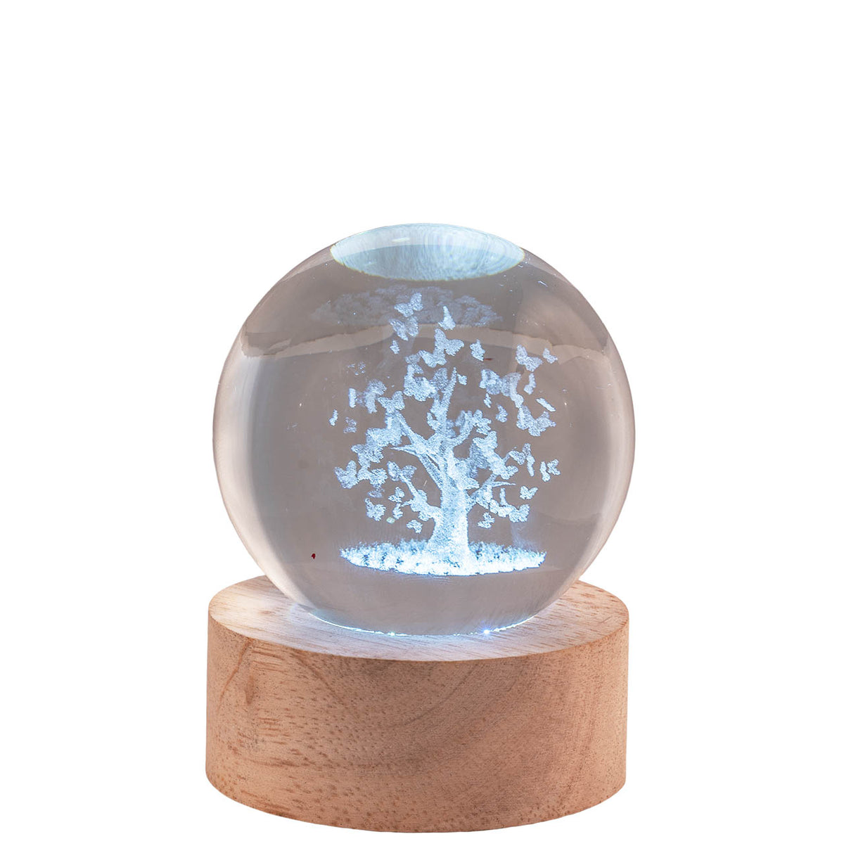 Bagutta Sfera di Cristallo LED Albero con Farfalle Diametro 6 cm Base in Legno