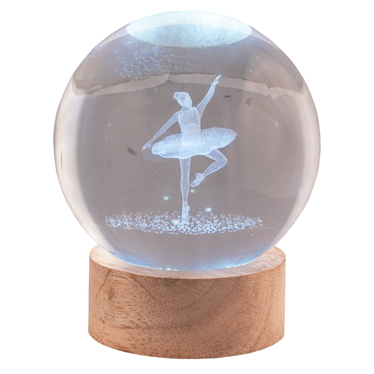 Bagutta Sfera di Cristallo LED Ballerina Diametro 8 cm Base in Legno