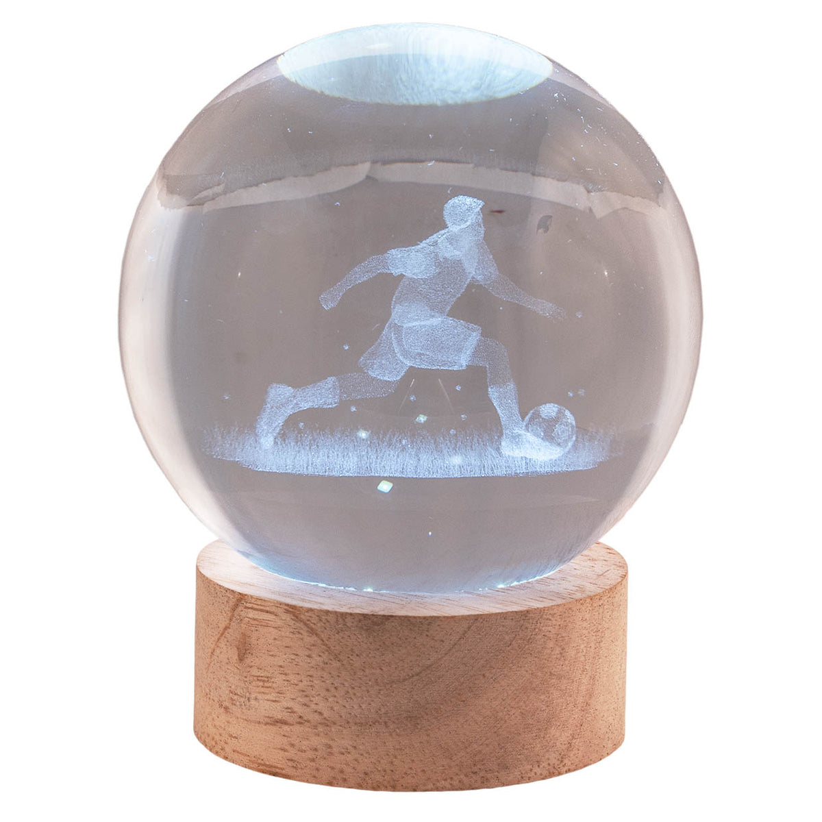 Bagutta Sfera di Cristallo LED Calciatore Diametro 8 cm Base in Legno