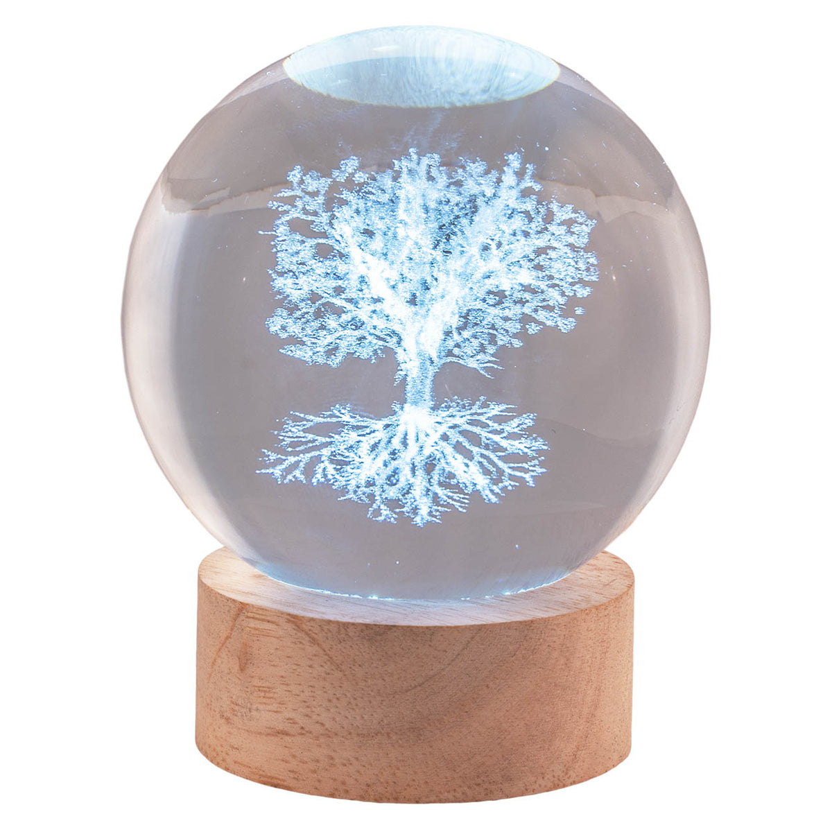 Bagutta Sfera di Cristallo LED Albero della Vita Diametro 8 cm Base in Legno