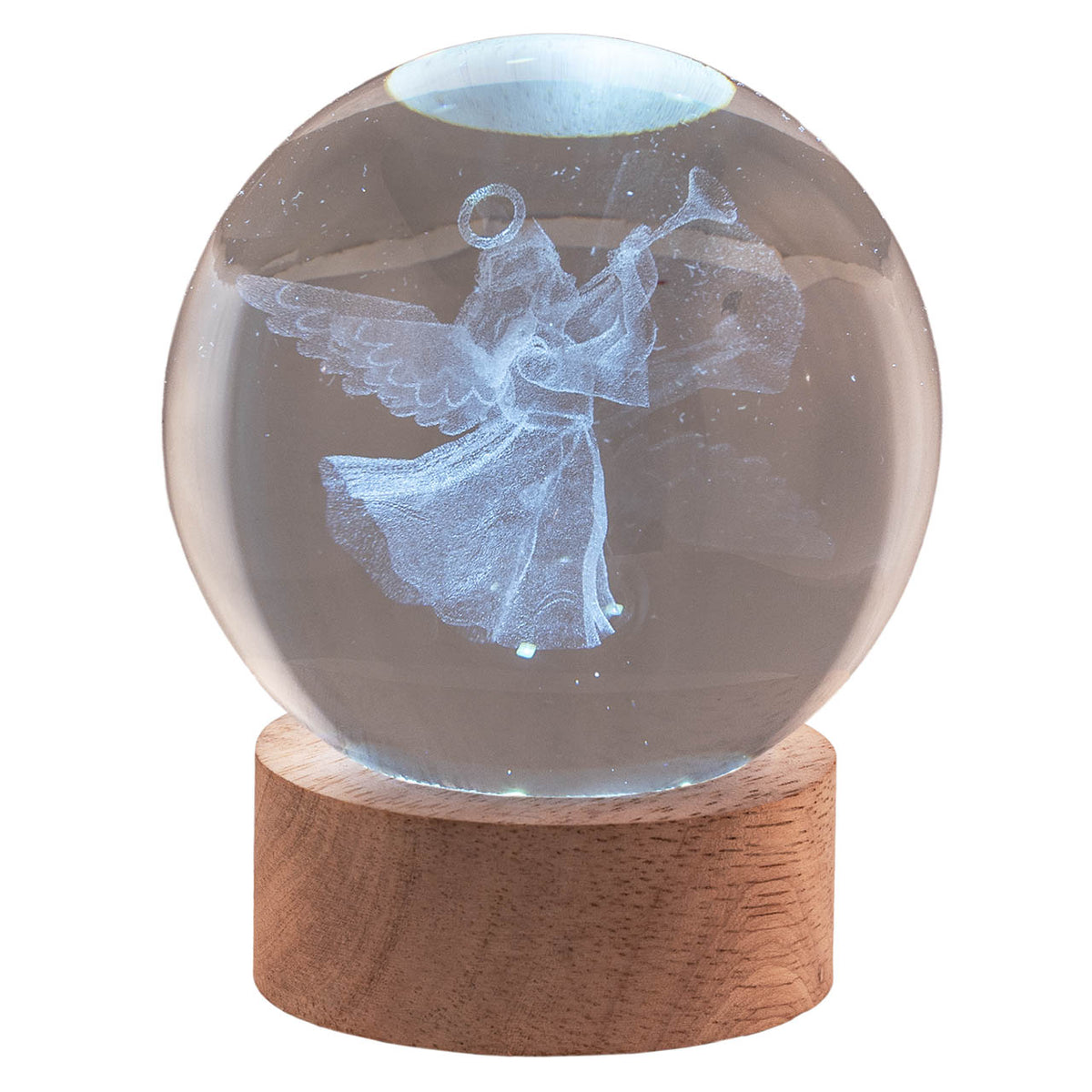 Bagutta Sfera di Cristallo LED Angioletto Diametro 8 cm Base in Legno