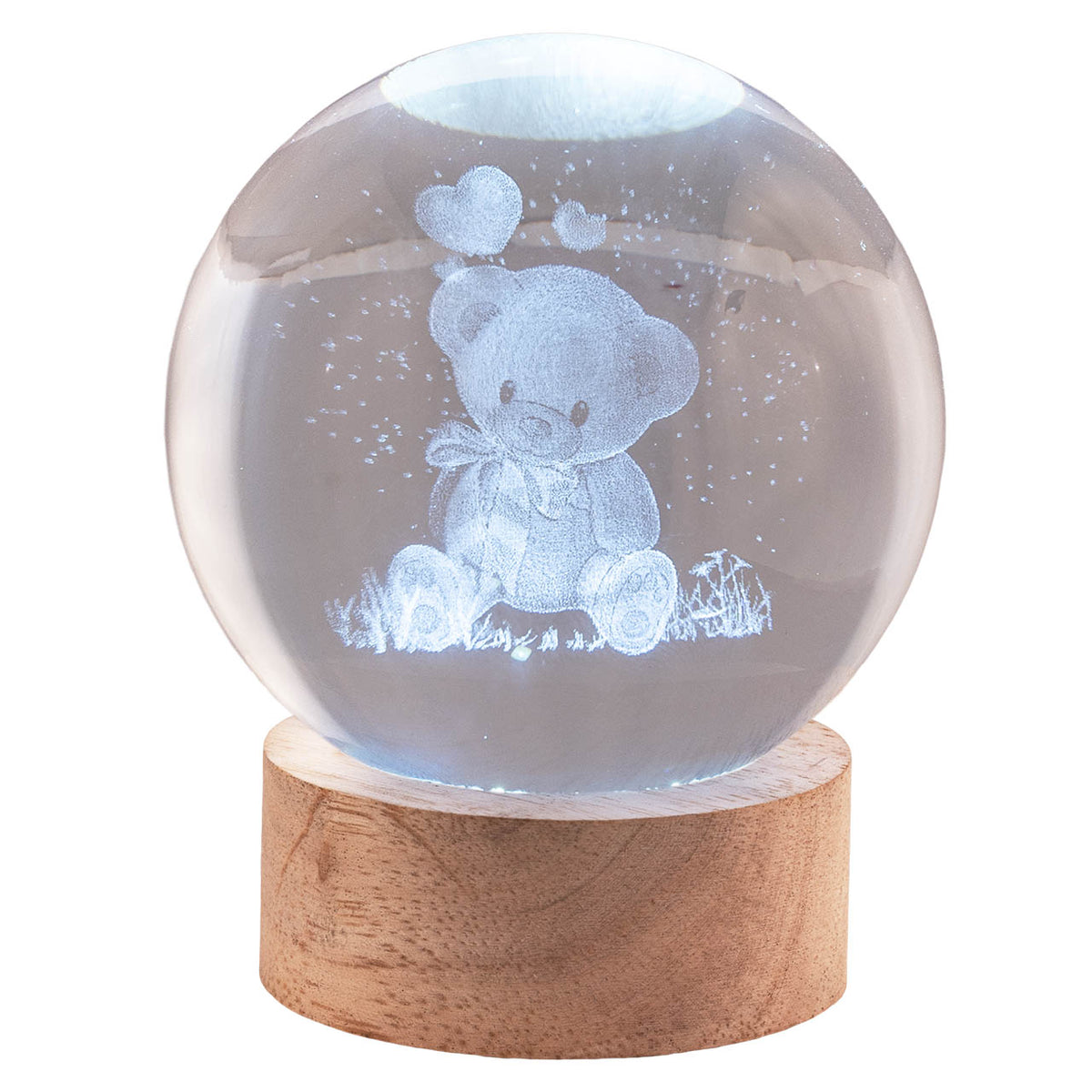 Bagutta Sfera di Cristallo LED Orsetto Diametro 8 cm Base in Legno