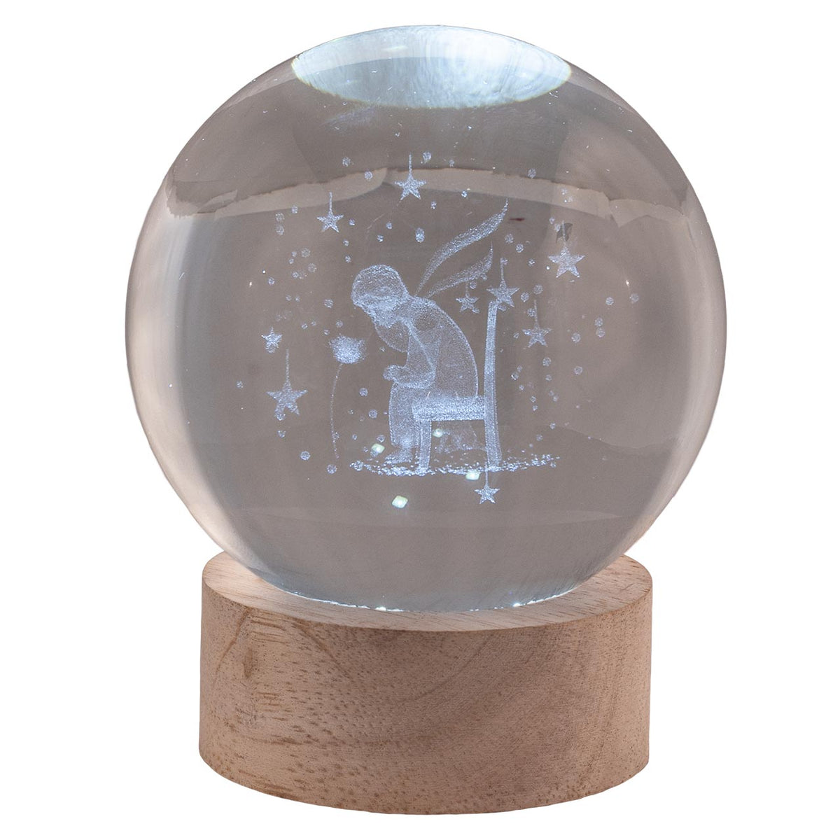 Bagutta Sfera di Cristallo LED Piccolo Principe Diametro 8 cm Base in Legno