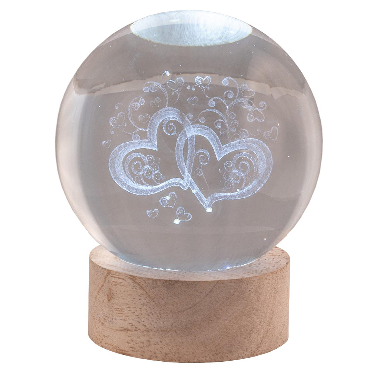 Bagutta Sfera di Cristallo LED Cuori Stilizzati Diametro 8 cm Base in Legno
