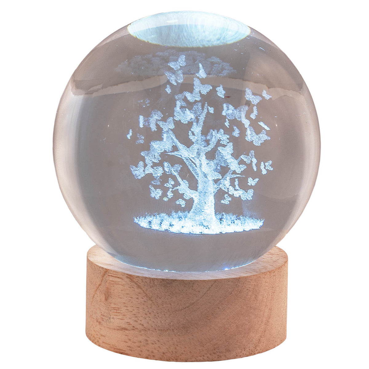 Bagutta Sfera di Cristallo LED Albero con Farfalle Diametro 8 cm Base in Legno
