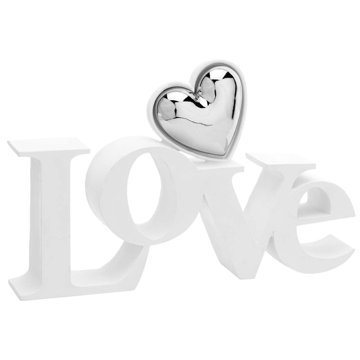 Bagutta Scultura Decorativa Scritta Love Bianca con Cuore Argentato 25x10,5 cm