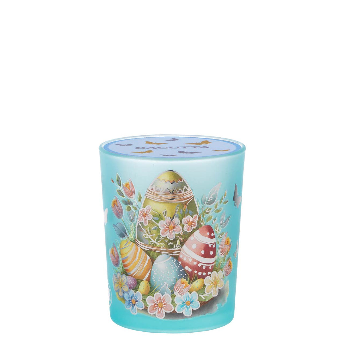 Bagutta Candela Pasquale in Bicchiere Decorato Uova Azzurro con Tealight 6,5x8,5 cm
