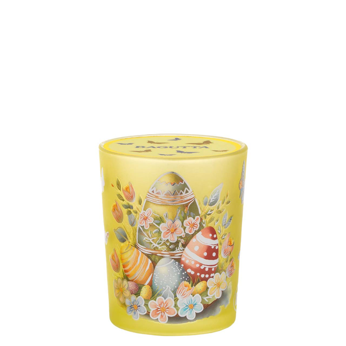 Bagutta Candela Pasquale in Bicchiere Decorato Uova Giallo con Tealight 6,5x8,5 cm