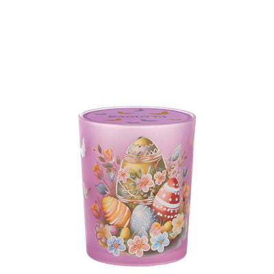 Bagutta Candela Pasquale in Bicchiere Decorato Uova Lilla con Tealight 6,5x8,5 cm
