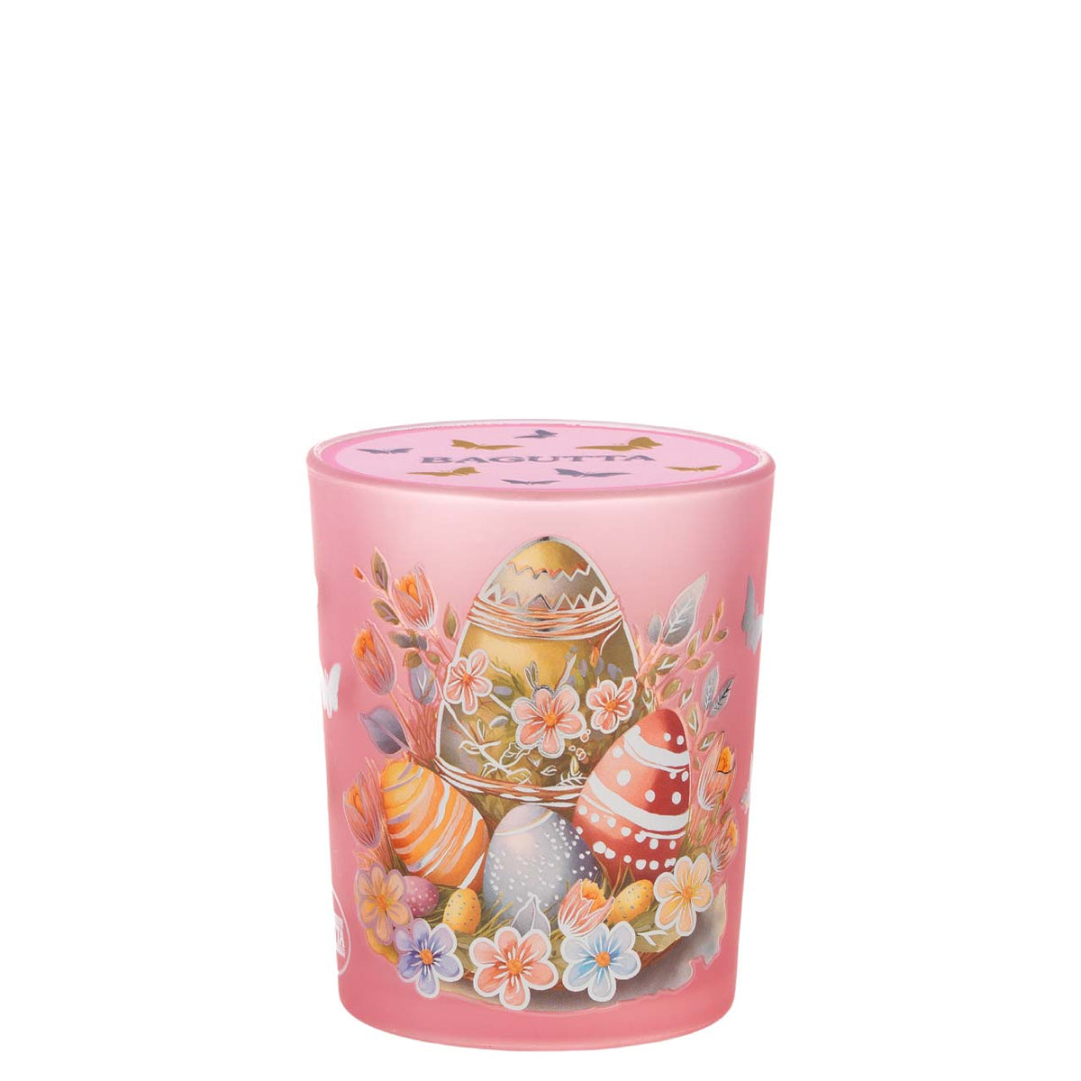 Bagutta Candela Pasquale in Bicchiere Decorato Uova Rosa con Tealight 6,5x8,5 cm