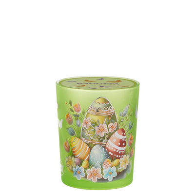Bagutta Candela Pasquale in Bicchiere Decorato Uova Verde con Tealight 6,5x8,5 cm