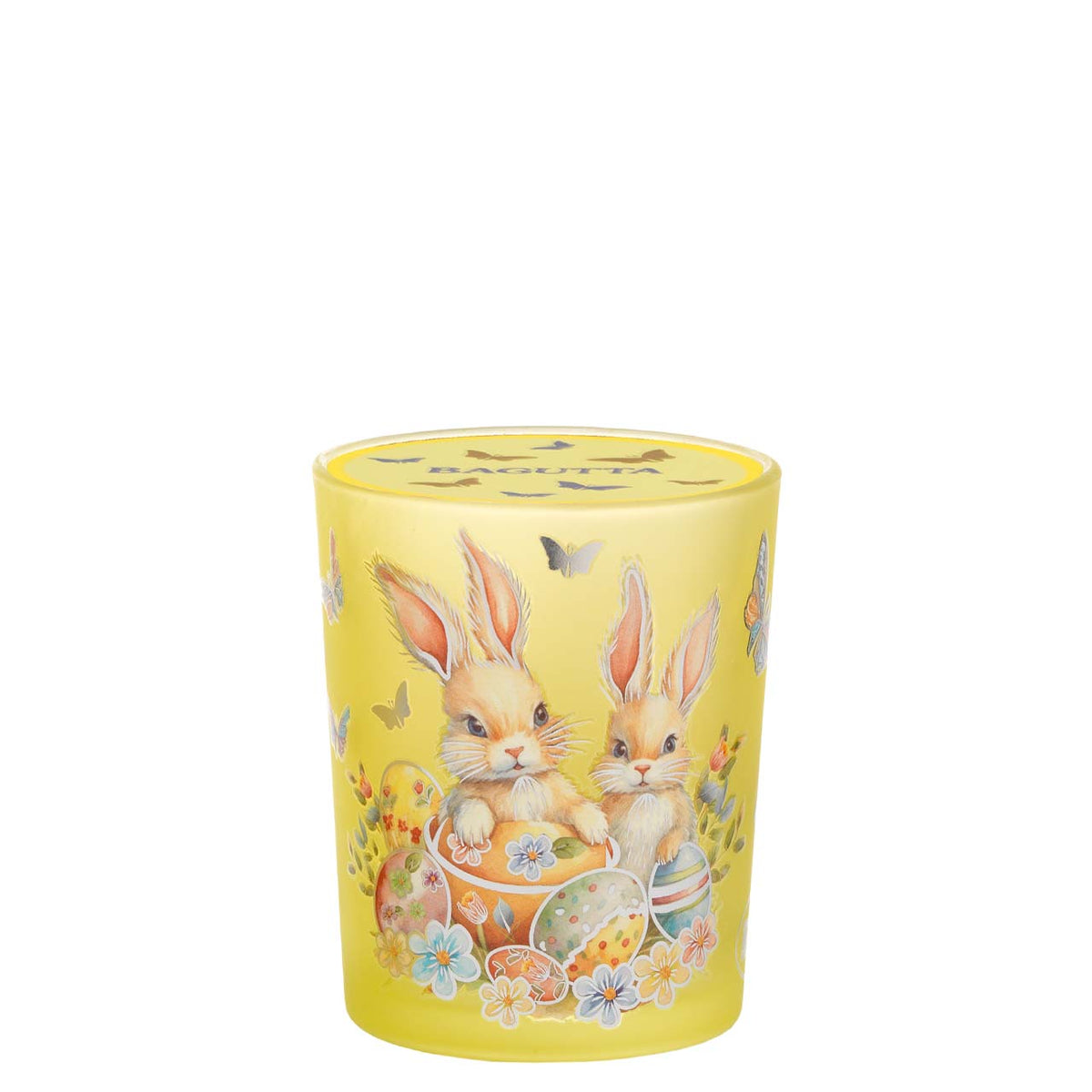 Bagutta Candela Pasquale in Bicchiere Decorato Coniglio Giallo con Tealight 6,5x8,5 cm