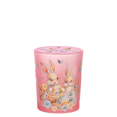 Bagutta Candela Pasquale in Bicchiere Decorato Coniglio Rosa con Tealight 6,5x8,5 cm