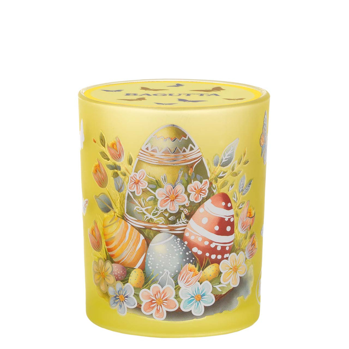 Bagutta Candela Pasquale in Bicchiere Decorato Coniglio Giallo con Tealight 7,5x10,5 cm