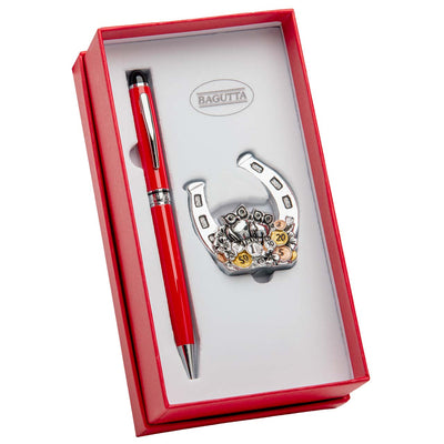 Bagutta Box Regalo con Penna Rossa e Ferro di Cavallo con Gufi 9x17x5 cm