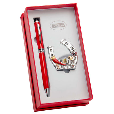 Bagutta Box Regalo con Penna Rossa e Ferro di Cavallo con Cornino 9x17x5 cm
