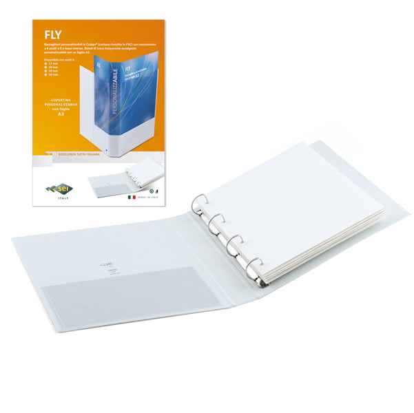 Raccoglitore personalizzabile Fly - 22 x 30 cm - 4 anelli a D 50 mm - dorso 7,5 cm - bianco - Sei Rota