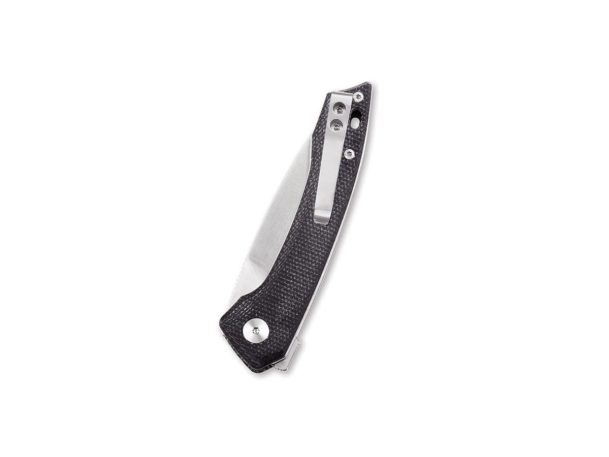 Vista manico micarta nera QSP Leopard con clip inox foro laccetto
