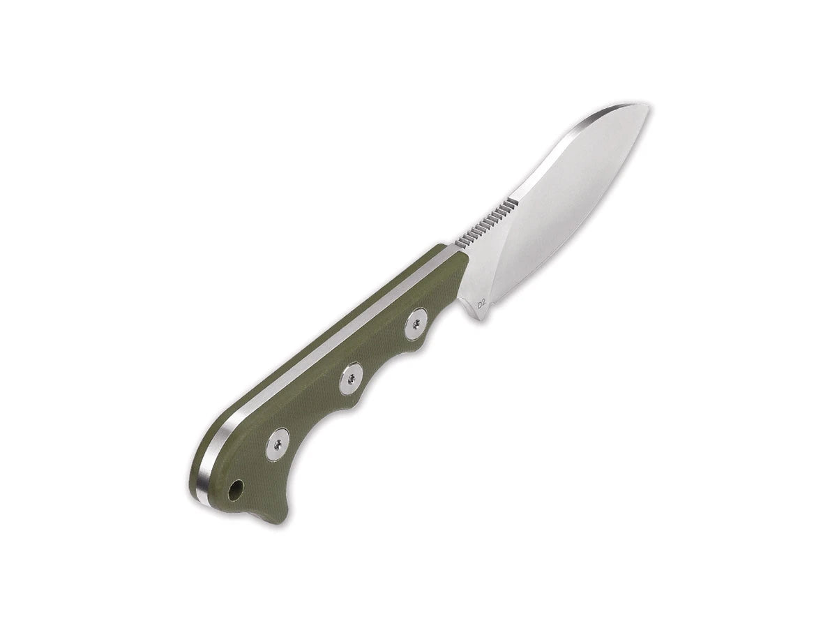 Dettaglio lama drop point D2 satinato QSP Neckmuk verde