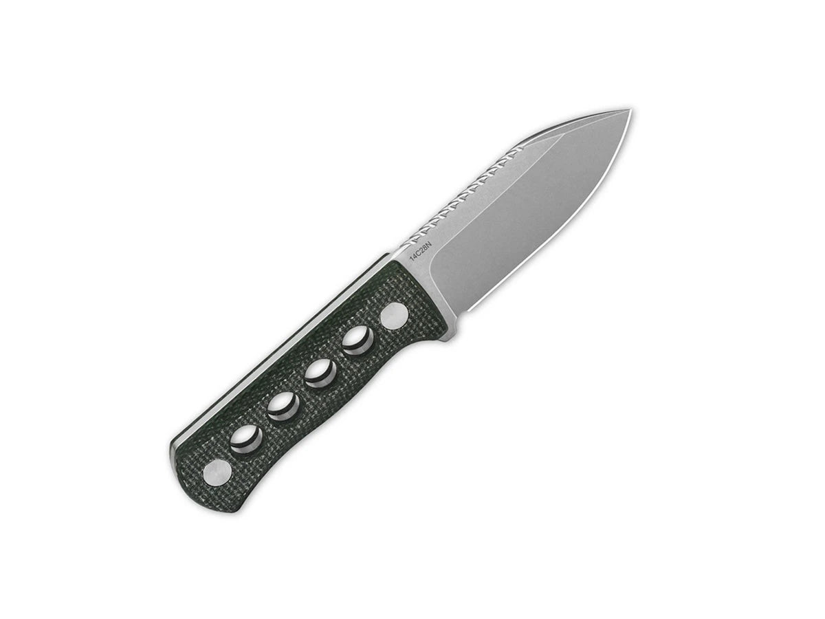 Dettaglio lama drop point 14C28N QSP Canary Micarta verde 6,3 cm