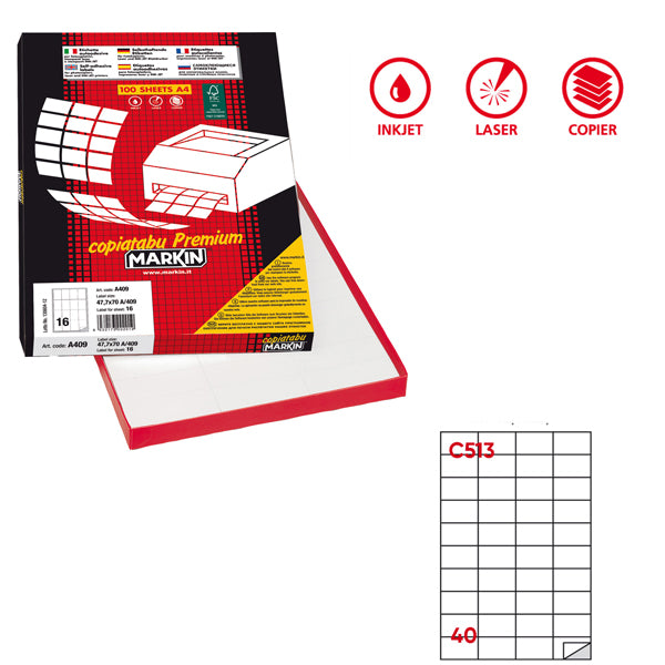 Etichette adesive C/513 - in carta - permanenti - 52,5 x 29,7 mm - 40 et/fg - 100 fogli - bianco - Markin
