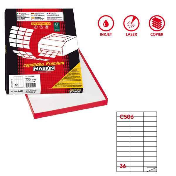 Etichette adesive C/506 - in carta - permanenti - 70 x 24,25 mm - 36 et/fg - 100 fogli - bianco - Markin