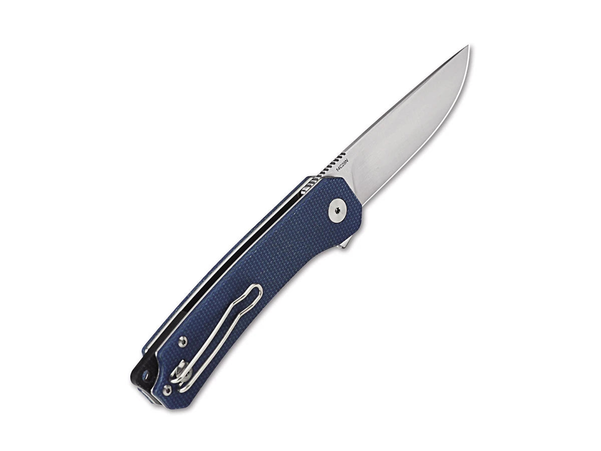 Dettaglio lama 14C28N satin QSP Osprey micarta blu 8,2 cm