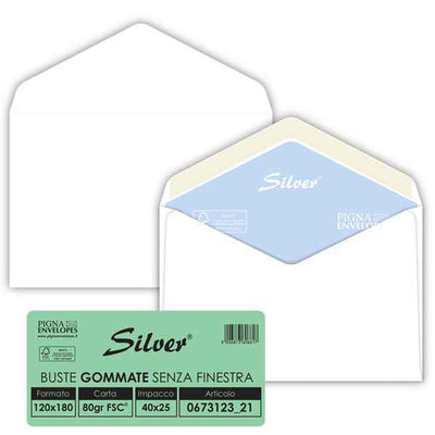 Busta Busta Silver Matic FSC - senza finestra - gommata - 12 x 18 cm - 80 gr -  bianco - Pigna Envelopes - conf. 25 pezzi