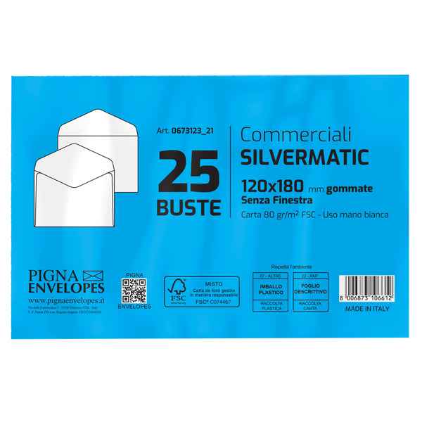 Busta Busta Silver Matic FSC - senza finestra - gommata - 12 x 18 cm - 80 gr -  bianco - Pigna Envelopes - conf. 25 pezzi