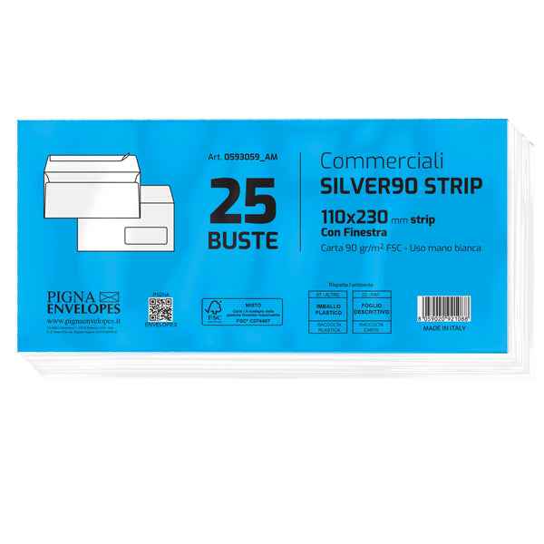 Busta SILVER90 STRIP FSC - bianca - internografata - con finestra - 110 x 230 mm - 90 gr - Pigna Envelopes - conf. 25 pezzi