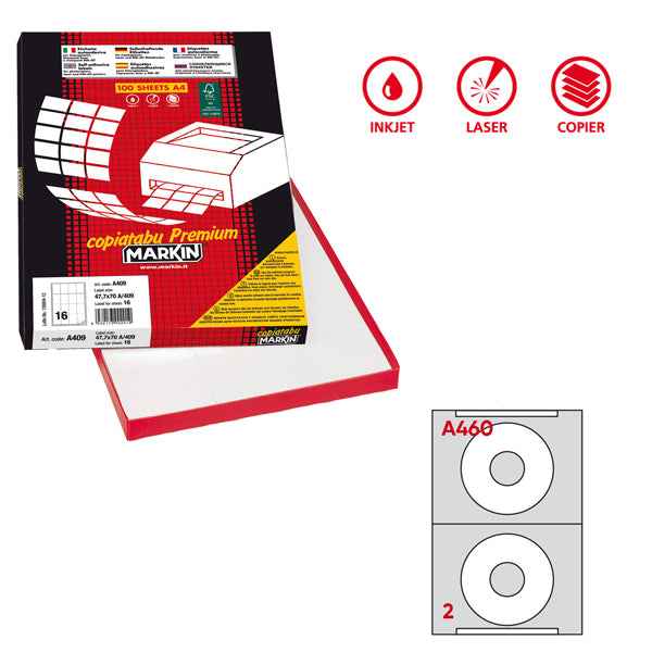Etichette adesive A/460 - in carta - permanenti - diametro CD 114,5 mm - foro 41 mm - 2 et/fg - 100 fogli - bianco - Markin