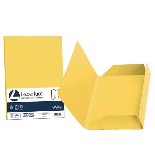 Cartellina 3 lembi Luce - 200 gr - A4 - cartoncino bristol - giallo sole - Favini - conf. 25 pezzi