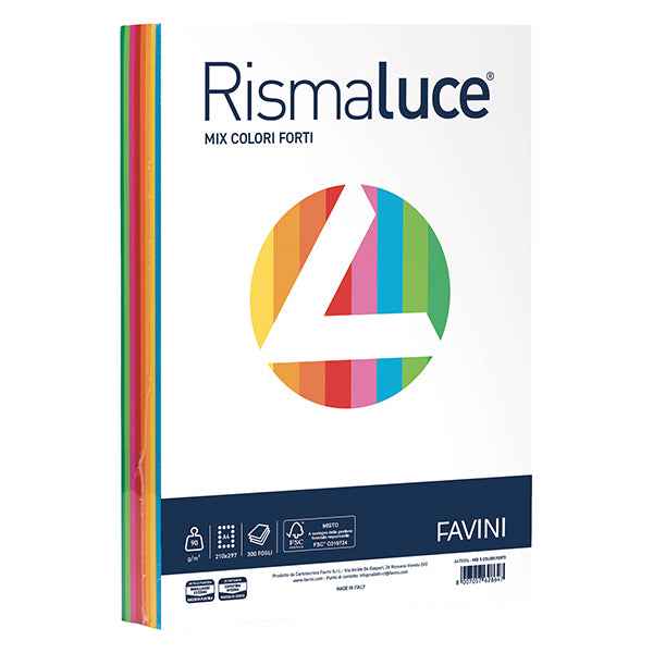 Carta Rismaluce - A4 - 90 gr - mix 8 colori - Favini - conf. 300 fogli