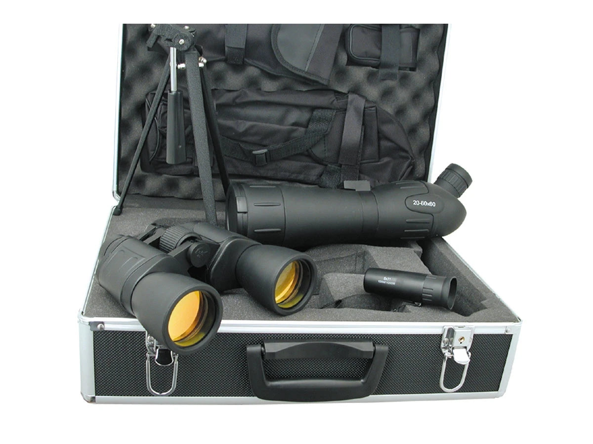 Valigetta alluminio Optical Set con binocolo 10x50 monocolo spotting scope e treppiedi