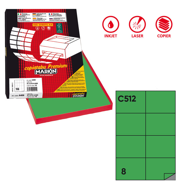 Etichette adesive C/512 - in carta - permanenti - 105 x 74,25 mm - 8 et/fg - 100 fogli - verde - Markin