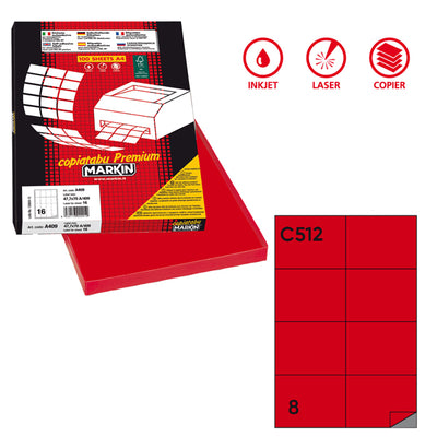 Etichette adesive C/512 - in carta - permanenti - 105 x 74,25 mm - 8 et/fg - 100 fogli  - rosso - Markin